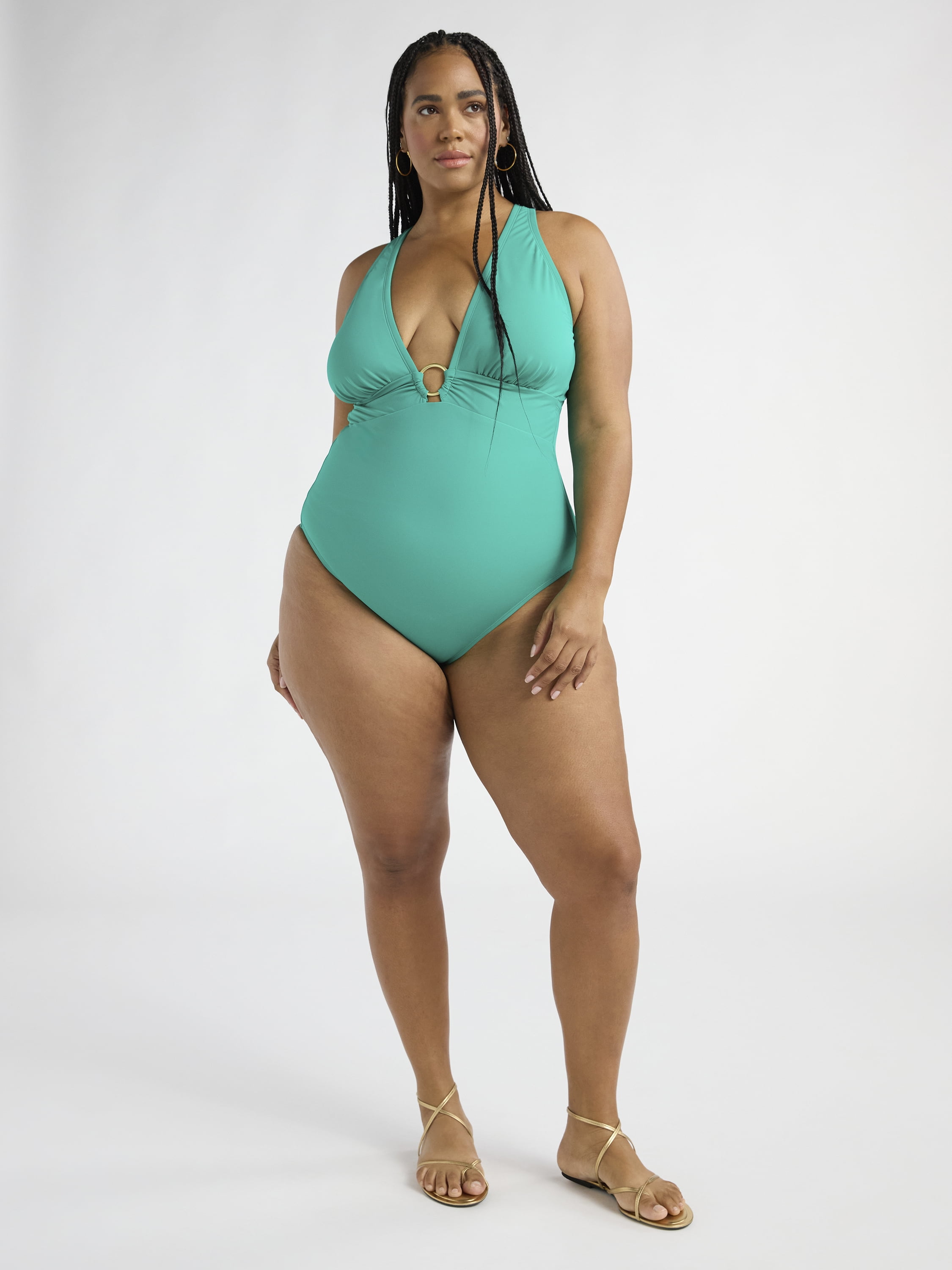 Sofia by Sofia Vergara Women's and Women's Plus Ring Front Plunge Halter One Piece with Curvetex®, Sizes XS-2X