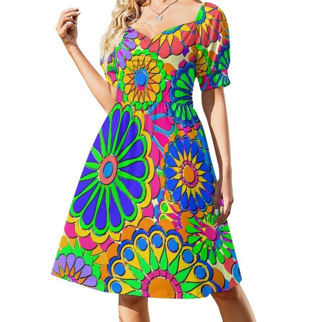 Vestido de manga corta estilo retro hippie con flores de colores brillantes y poder, vestidos de mujer para ocasiones especiales, vestidos de cóctel.