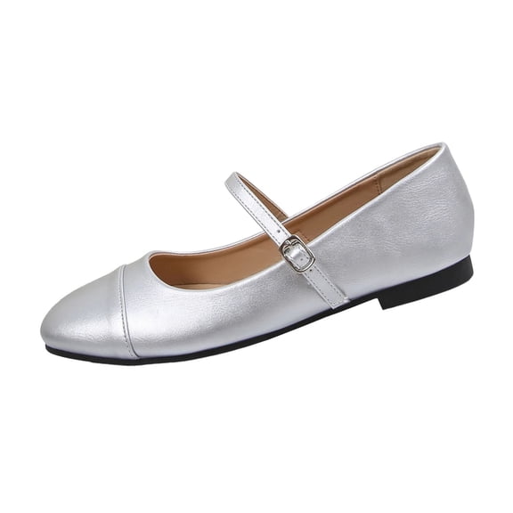 Gpaecead Women'S Round Toe Buckle Shoes Low Heel Plus Size Soft Faux Leather Low Cut Comfortable Casual For Spring Summer Work Date Silver