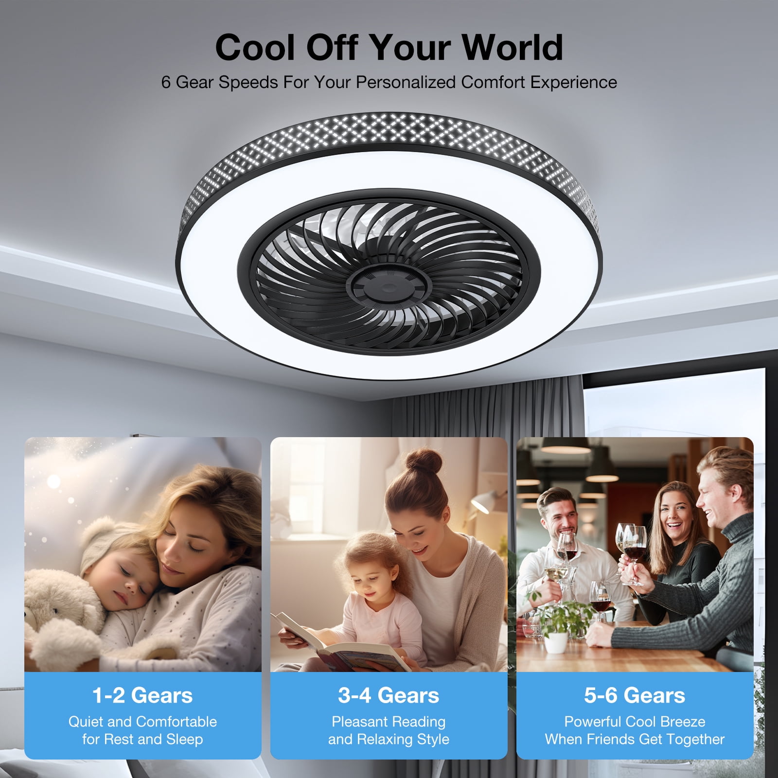 BLITZWILL 22 in Round Ceiling Fans with Lights, Dimmable Color Temperature and 6 Speeds, Remote & APP Control, Flush Mount Bladeless Reversible Motor, Black