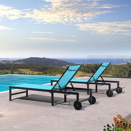 PURPLE LEAF Outdoor Chaise Lounge Chairs Set Aluminum Adjustable Recliner with Wheels and Table for Poolside Beach Patio Reclining Sunbathing Lounger, Turquoise Blue