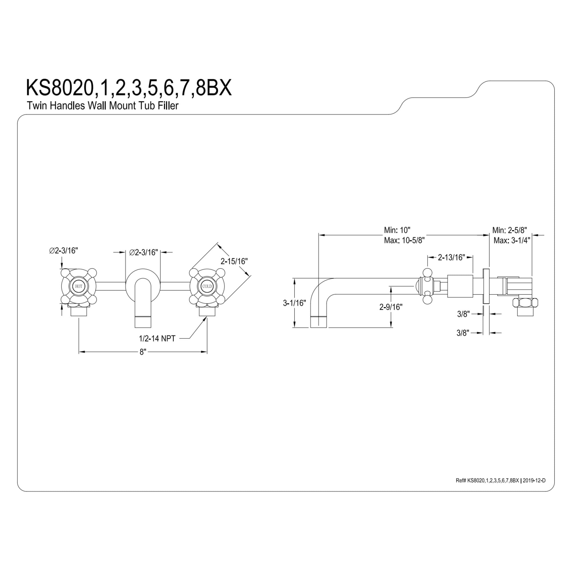 Kingston Brass KS8025BX Metropolitan Two-Handle 3-Hole Wall Mount Roman Tub Faucet in Oil Rubbed Bronze