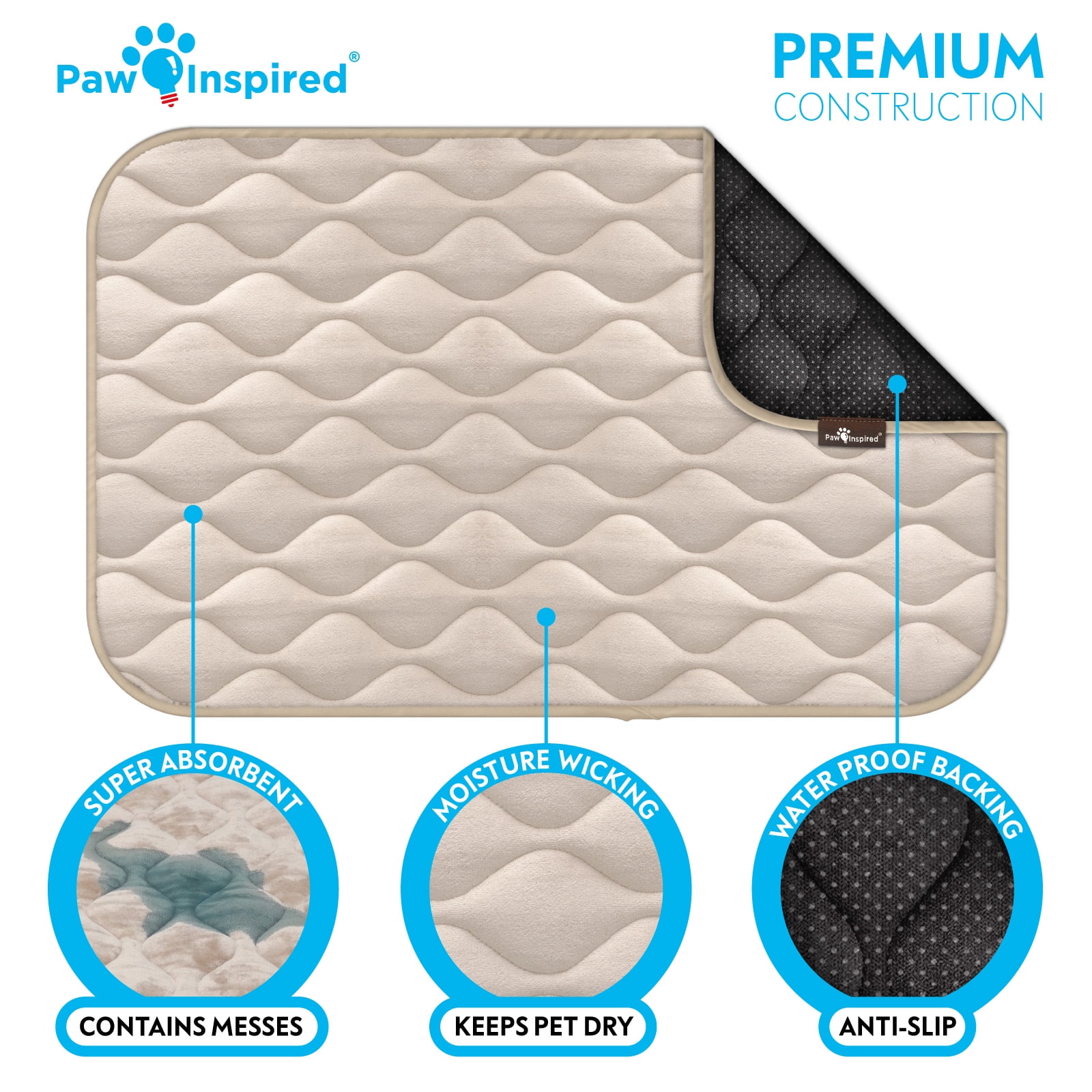 Paw Inspired Washable 42" Dog Crate Mat, Size 41x28 Inch, Waterproof Dog Crate Kennel Bed Anti-Slip Bottom Leakproof Pads (Tan)