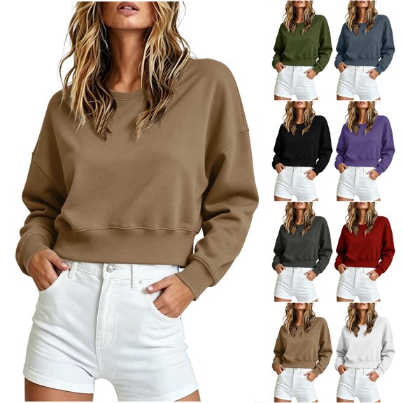 Otntypg Fall Cropped Sweatshirts for Women Soft Crewneck Sweatshirt Pullover Long Sleeve Basic Solid Color Crop Tops for Lounge, Workout & Travel