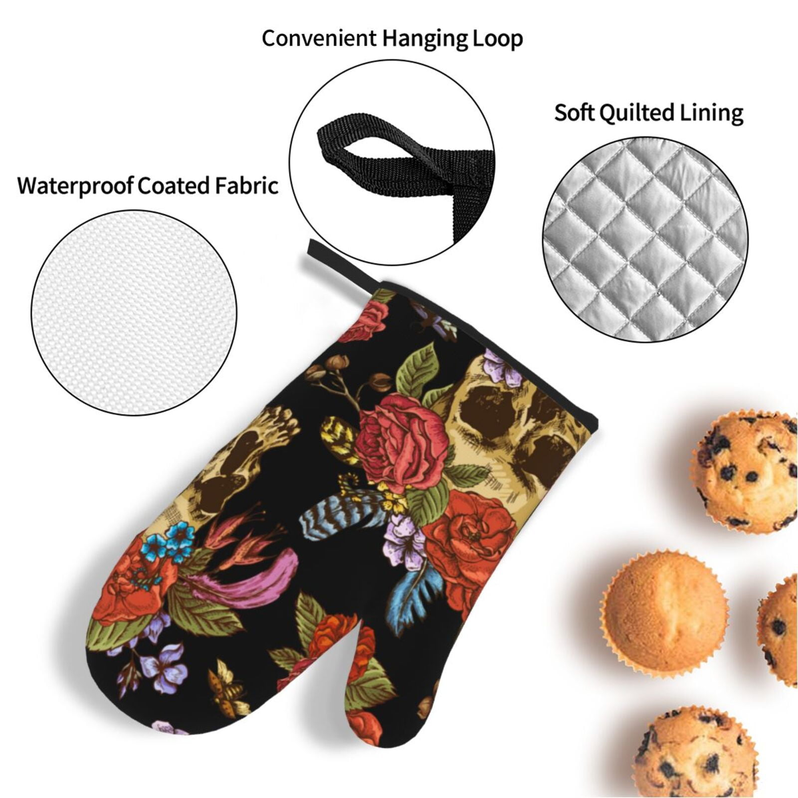 Watercolor Skull Flowers Day Dead 4Pcs Oven Mitts and Pot Holders Sets Oven Kitchen Gloves Hot Pads for Cooking BBQ Baking Grilling