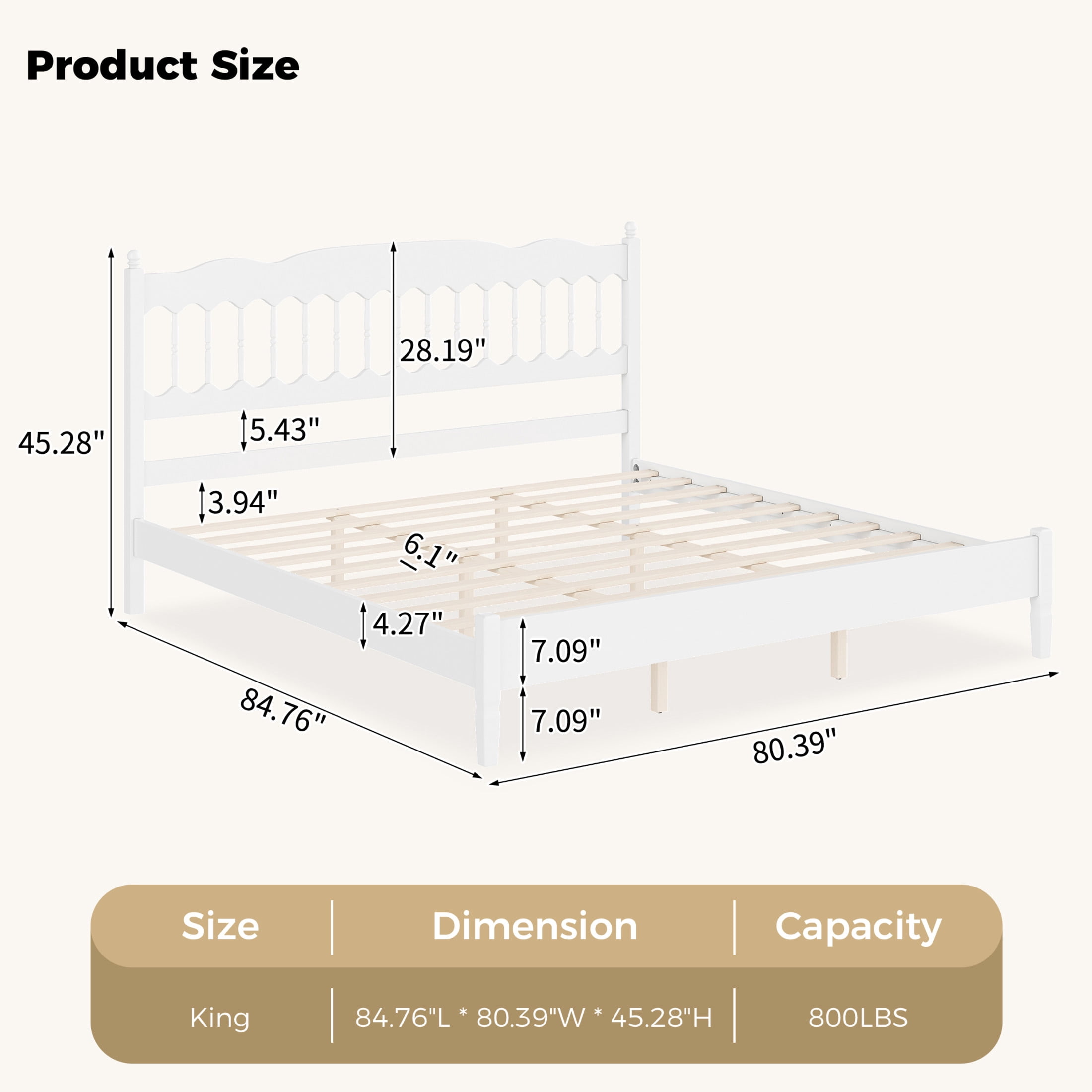 Noble House Onius Countryside Style King Size Wooden Bed Frame, Heavy-Duty Platform Bed with Center Support, White