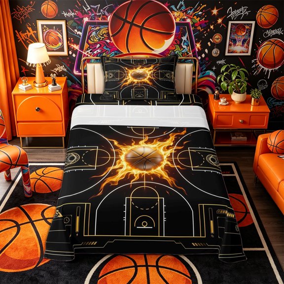 Castle Fairy Basketball Court Print Twin Sheets 3pcs, Sport Ball Flame Bedding, Black Gold Orange,1 Fitted Sheet, 1 Flat Sheet and 1 Pillowcase