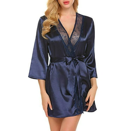 LilyLLL Womens Satin Silk Bathrobe Sleepear Lace Lingerie Negligee Nightdress Robe Pajamas