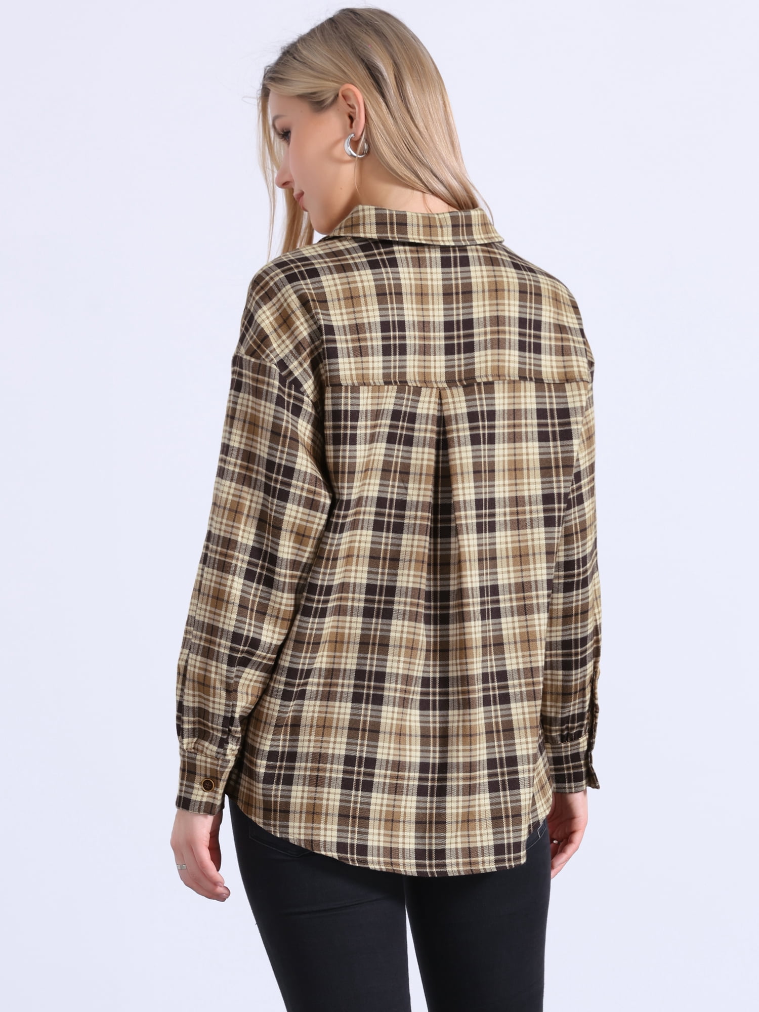 DARING DIVA Women's Casual Button Collared Long Sleeve Blouse M Brown