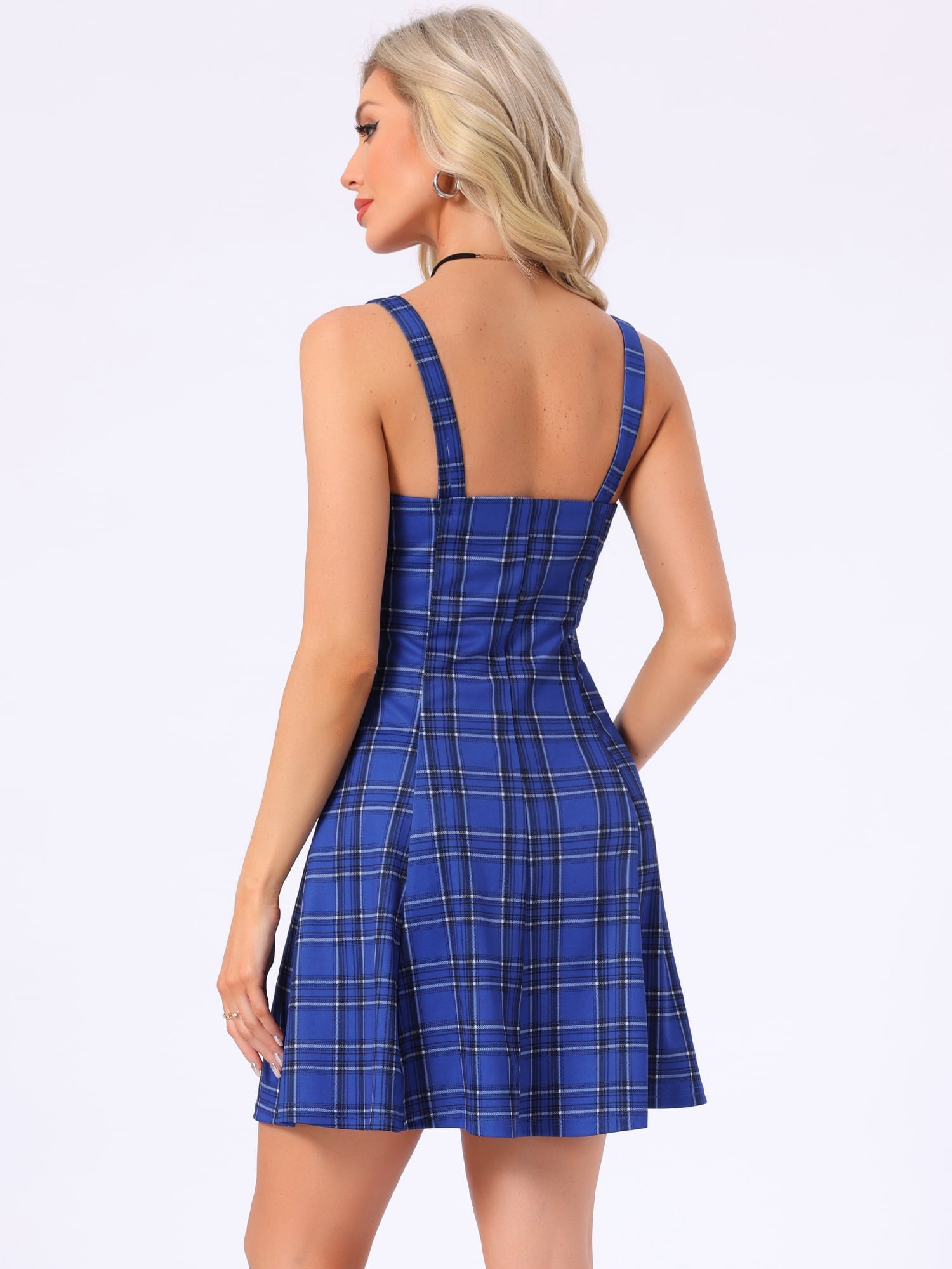 DARING DIVA Women's Plaid Tube Zip Up Strap Sleeveless Mini A-Line Dress L Blue Black