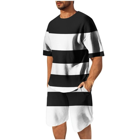 Wyobmus 2 Piece Outfits for Men Short Sleeve Round Neck Summer Striped Tshirt And Drawstring Casual Shorts Summer Tracksuit A-Black