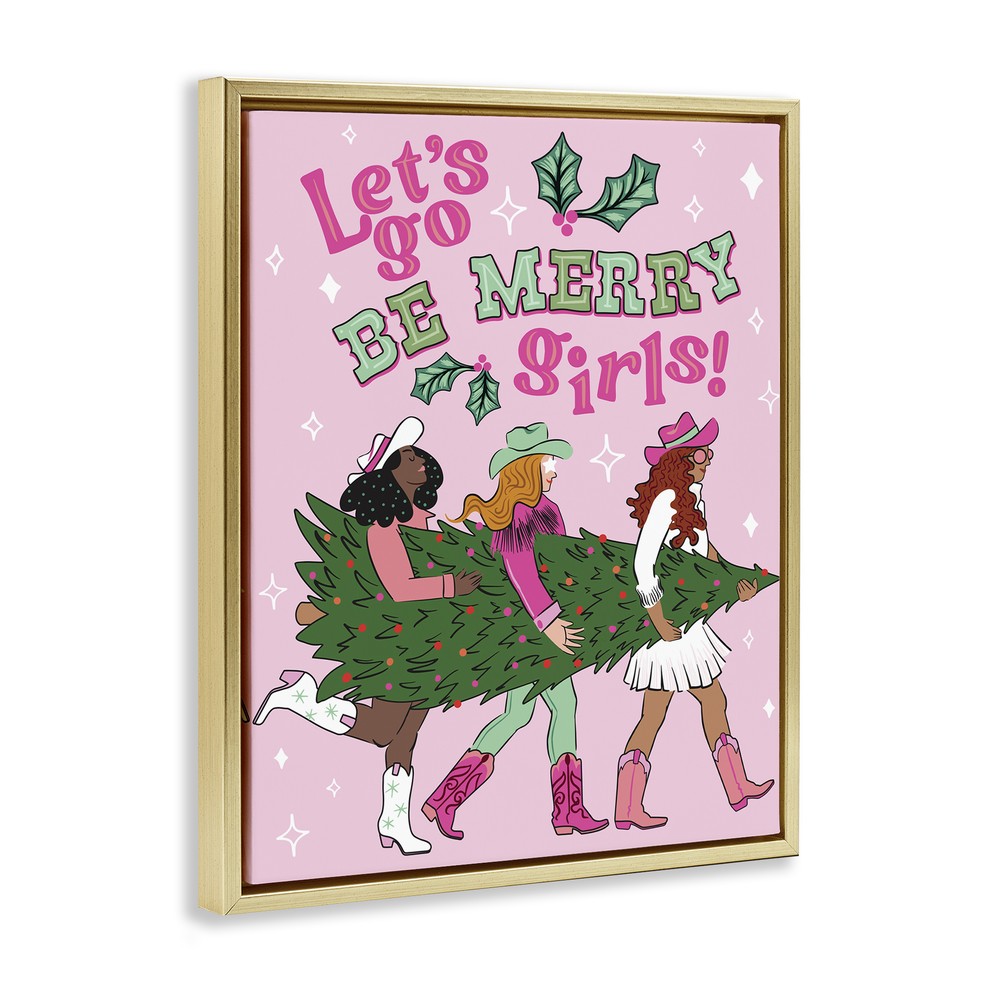 Stupell Industries Be Merry Christmas Cowgirls Holiday Painting Gold Floater Framed Canvas Art Prints Wall Art, 17 x 21