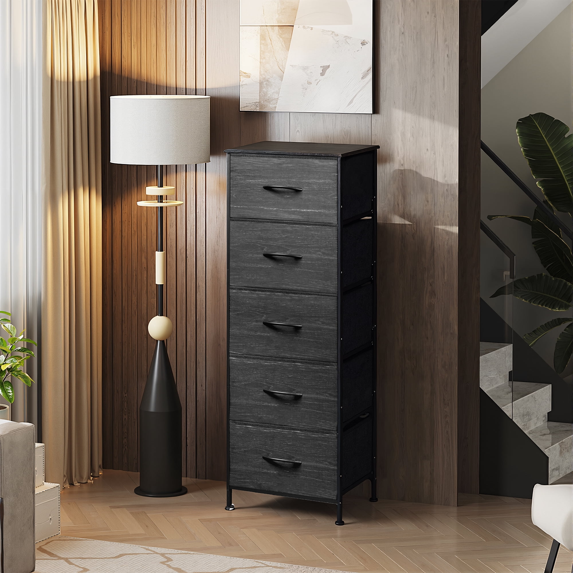 GALAXHERO 5-Drawer Tall Fabric Dresser with Wood Top, Storage Organizer Chest for Bedroom, Closet, Hallway, Sturdy Steel Frame, Charcoal Black Wood Grain Print