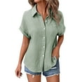thumbnail image 2 of Tittly Button Down Shirts Shirts for Women Generisch Muslin Blouse Women's Summer Shirt Blouse Cotton Short Sleeve Linen Blouse Tops V Neck Long Blouse Tunic Short Sleeve Shirts Womens Shirts Green M, 2 of 7