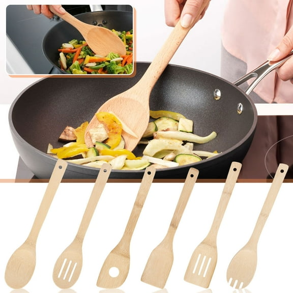 6 Piece Natural Bamboo Kitchen Utensil Set, Turner Spatula Slotted Spoon Mixing Spoon Rounded fork Cooking Tools, Eco-Friendly Kitchen Utensils & Kitchen Essentials for Home Cooks