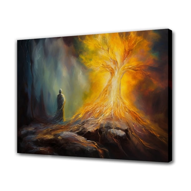 Pintura de arte abstracto Una figura con una túnica contempla una raíz de árbol colosal que se eleva desde el suelo Póster de lienzo Decoración de dormitorio Paisaje deportivo Decoración de oficina