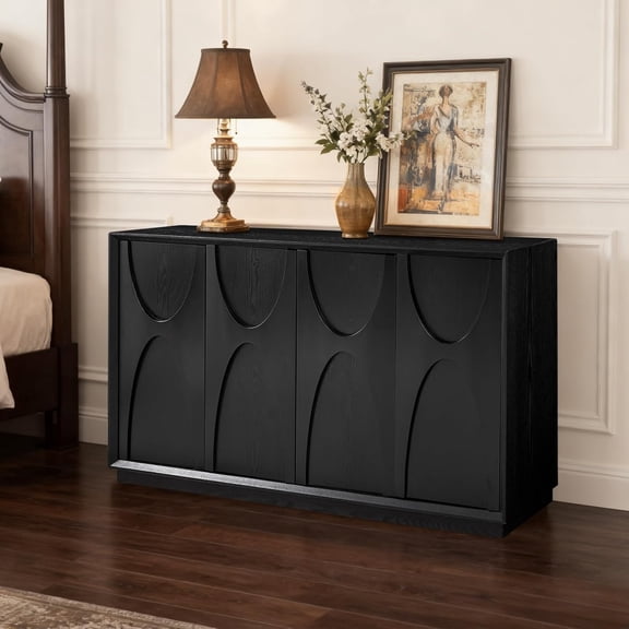 59 Inch Sideboard Buffet Cabinet Storage Cabinet Mid Century Modern with Sculpted Doors Adjustable Shelves Accent Credenza for Living Room Kitchen Entryway Hallway Black