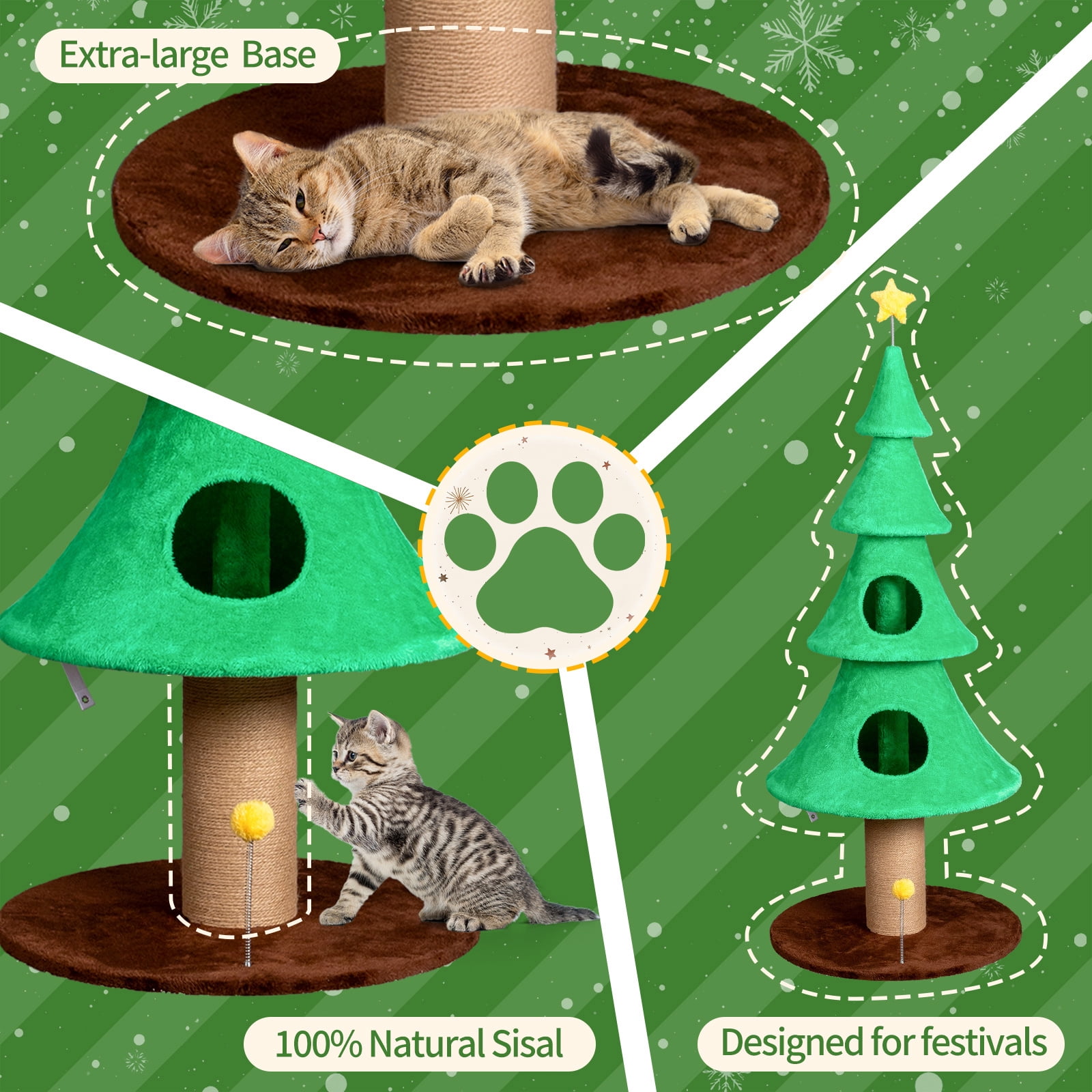 Zephypaws 59" Christmas Tree Cat Tower with 2 Cozy Condos, Plush Fleece Cover, Sisal Scratching Post, Hanging Toy Ball, Wide Stable Base & Multi-Level Openings, Holiday Cat Furniture, Green
