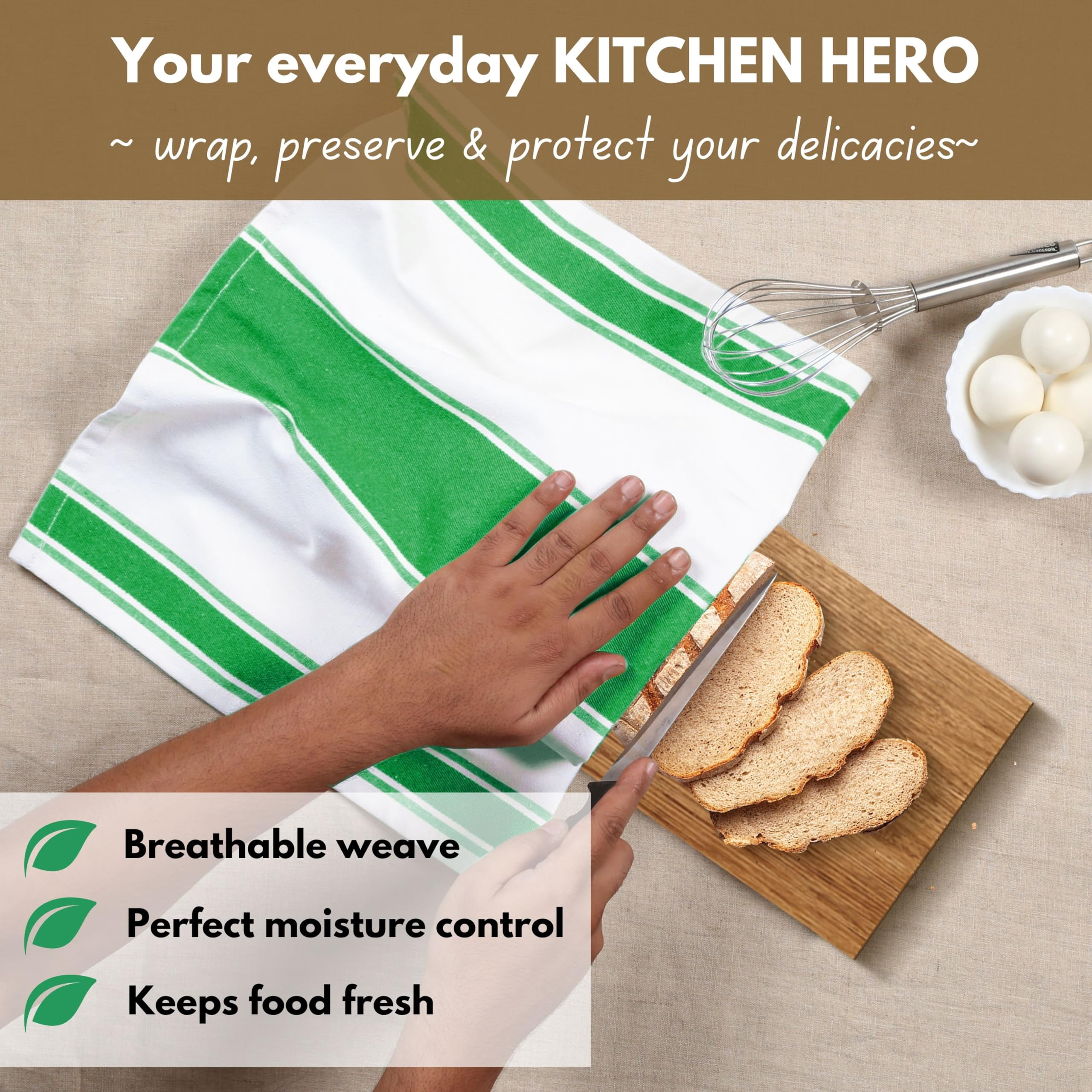 Native Fab Green Kitchen Towels 18 x 28 Inch, 12 Pack, Wide Stripe, Super Absorbent, Fast Dry, Soft, Cotton Dish Towels for Wiping Hands, Drying Dishes, Counter Cleaning Dish Cloth Set - Green