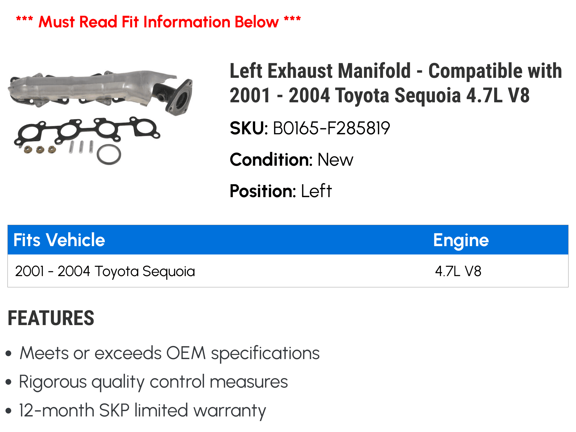 Left Exhaust Manifold - Compatible with 2001 - 2004 Toyota Sequoia 4.7L V8 2002 2003