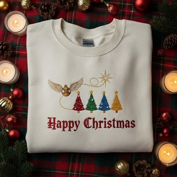 Embroidered Flying Winged Ball Christmas Sweatshirt, Wizard Fan Holiday Shirt, Magic Christmas Tree Embroidered Hoodie Gift