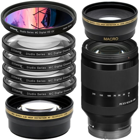 Sony FE 24-240mm f/3.5-6.3 OSS Lens with Filter Accessory Bundle - Includes: High Definition .43X Wide Angle Lens with Macro  Professional UV Filter  Multi-Coated 2.2X Telephoto Lens and MORE