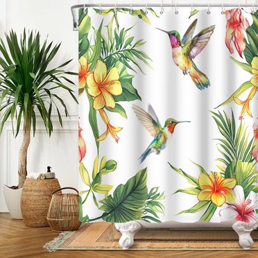 SUNOLIFE Bird Shower Curtain Hummingbird Summer Tropical Floral Fabric Bathroom Curtain Set 72x78 in