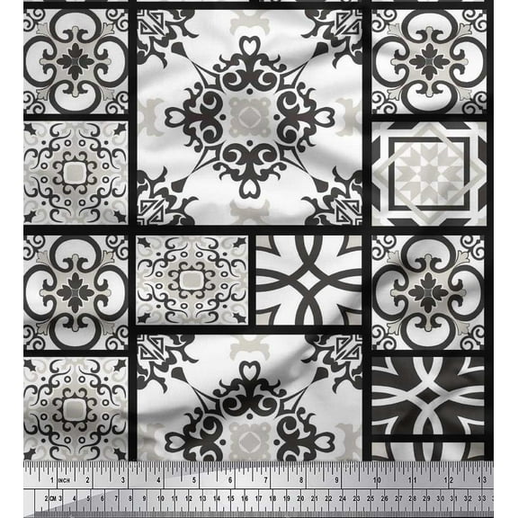 Soimoi Crepe Silk Fabric Check & Damask Patchwork Print Sewing Fabric Yard 42 Inch Wide