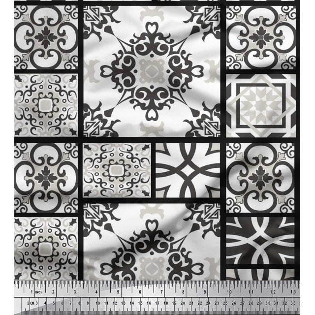 Soimoi Rayon Crepe Fabric Check & Damask Patchwork Print Sewing Fabric Yard 46 Inch Wide