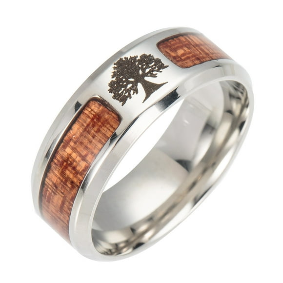 DAMAIE Black Flat Top Wedding Ring Living Tree Inlaid Men's Ring, Comfortable Design 6-13
