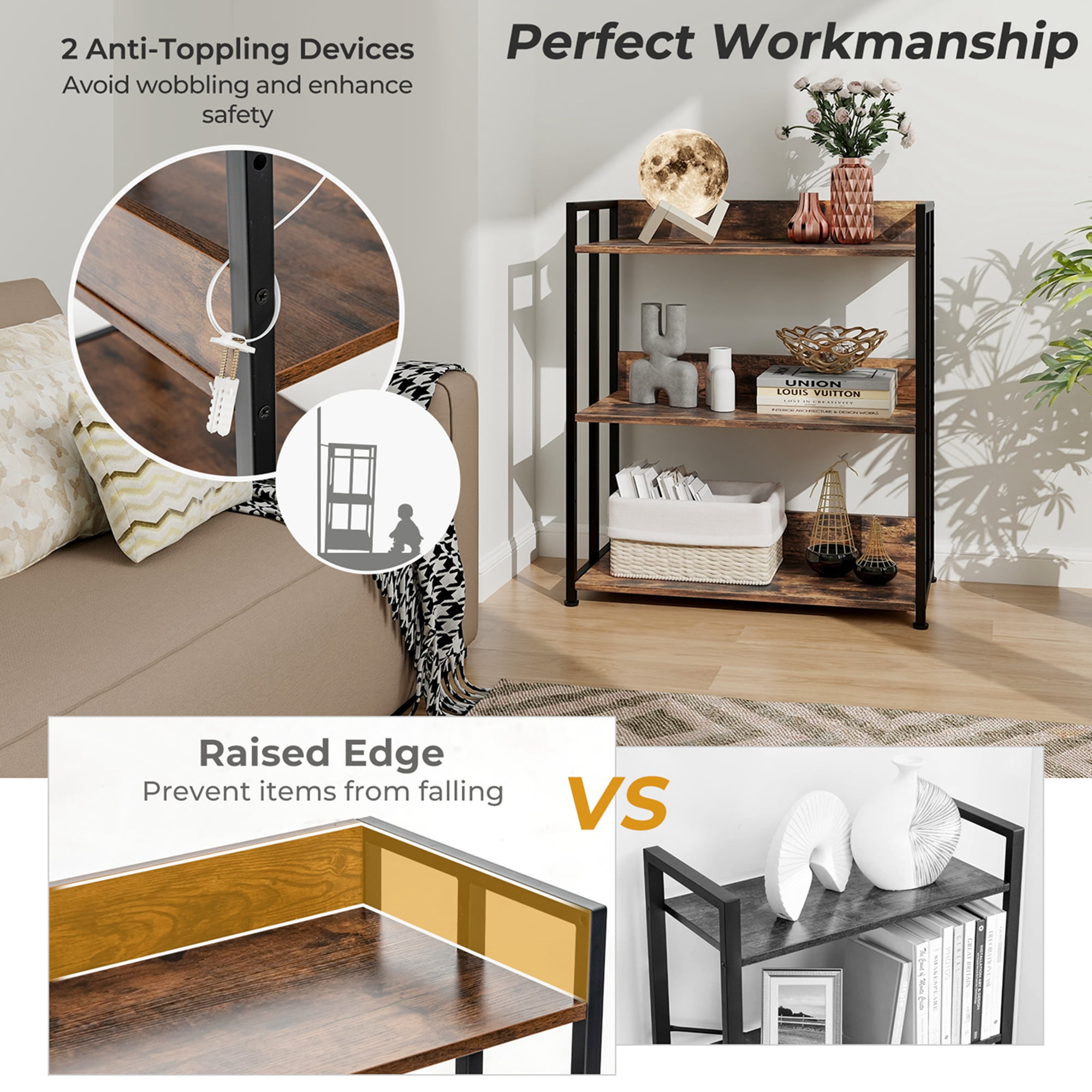 Costway 3Tier Industrial Metal Frame Corner Bookcase with Adjustable