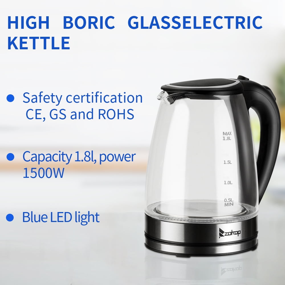 ZOKOP Electric Kettle, 1.8L Glass Kettle, 110V 1500W Fast Boiling, Electric Hot Water Kettle with Auto Shut-Off