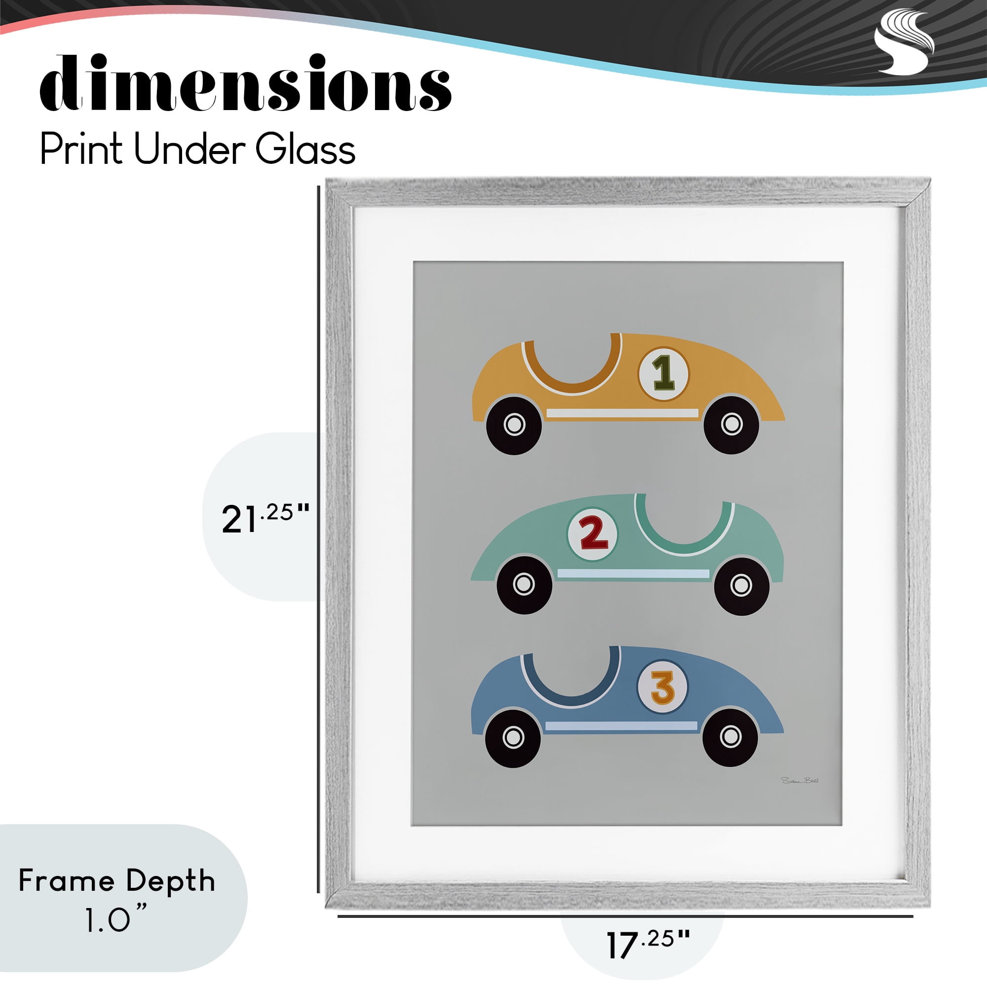 Stupell Industries Vroom Race Cars Gray Framed Print Under Glass, design by Susan Ball