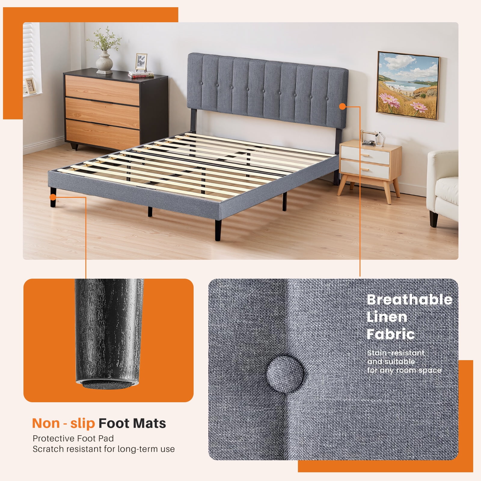 Queen Bed Frames with Headboard, Upholstered Platform Bed with Wood Slats 800 lbs Support , Noise Free, No Box Spring Needed, Gray