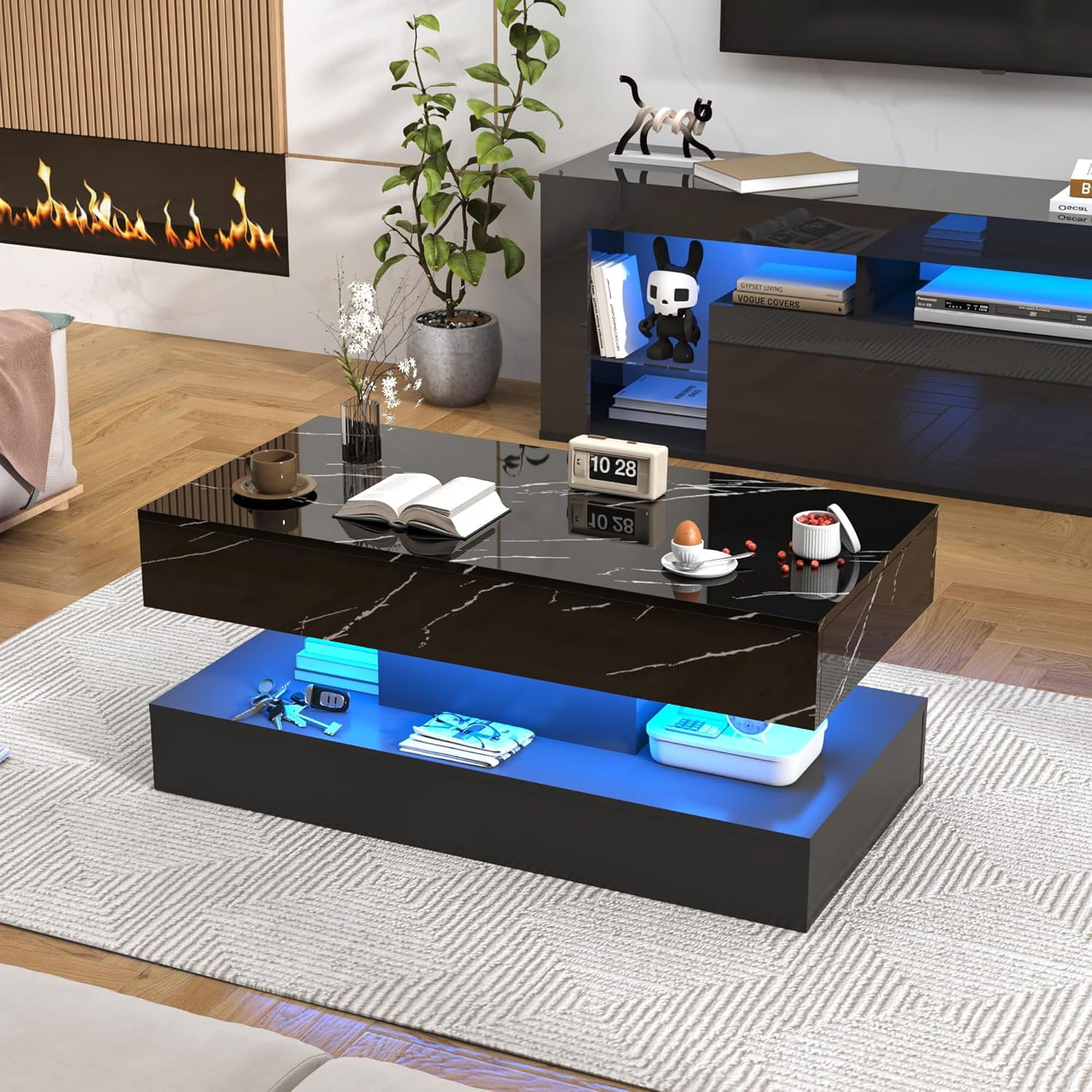 ChVans 39.37" Black LED Coffee Table with 2 Storage Drawers, Modern High Gloss Coffee Table w/20 Colors LED Lights/APP Control, 2 Tiers Rectangle Large Living Room Furniture w/Marbling Print