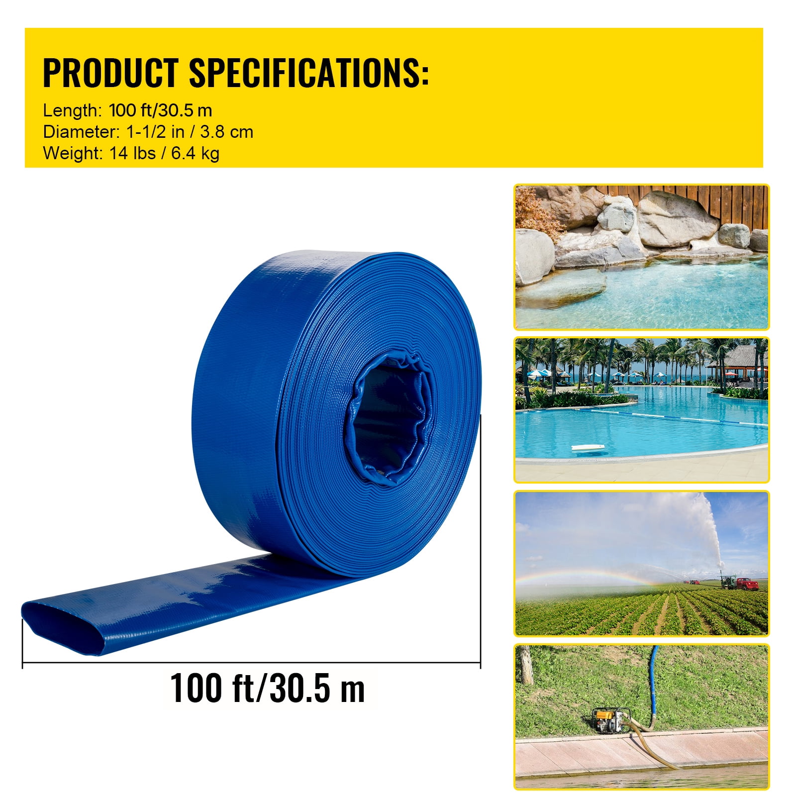 BENTISM Discharge Hose, 1-1/2" x 105', PVC Fabric Lay Flat Hose, Heavy Duty Backwash Drain Hose with Clamps, Weather-proof & Burst-proof, Ideal for Swimming Pool & Water Transfer