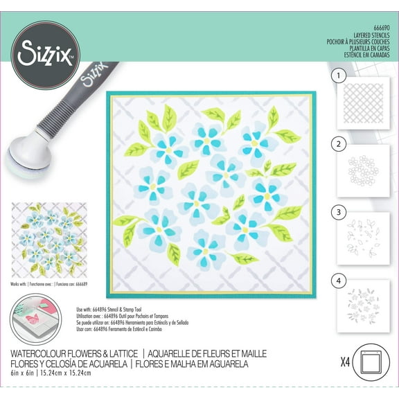 Sizzix Layered Stencils By Eileen Hull 4/Pkg-Watercolor Flowers  Lattice