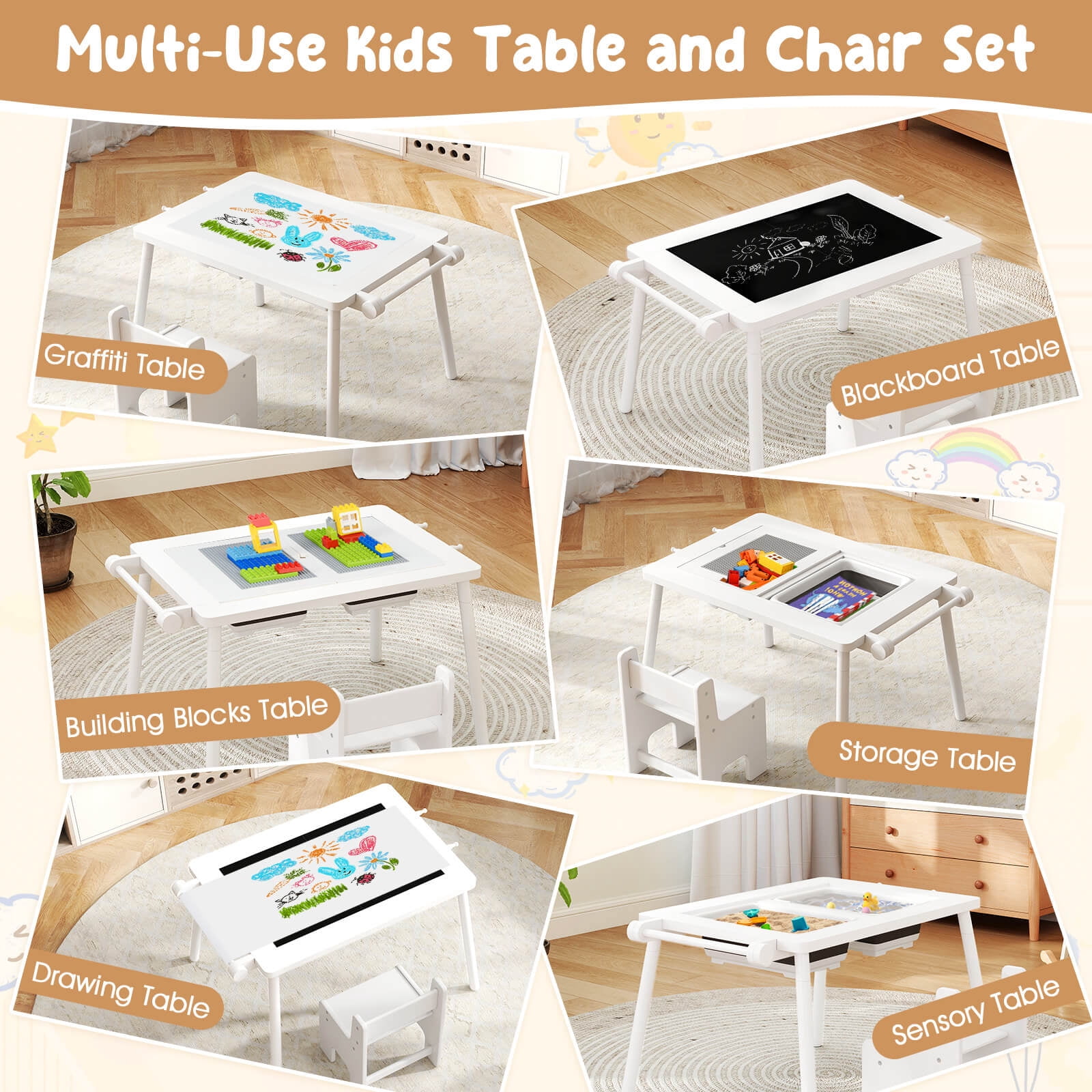 Costway Sensory Table & Chair Set for Kids 2-8 with Foldable Bins for Sand/Water & Paper White