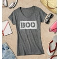 thumbnail image 3 of S4E Women's Distressed Boo Halloween Slim Fit V-Neck T-Shirt XX-Large Heather Charcoal, 3 of 4