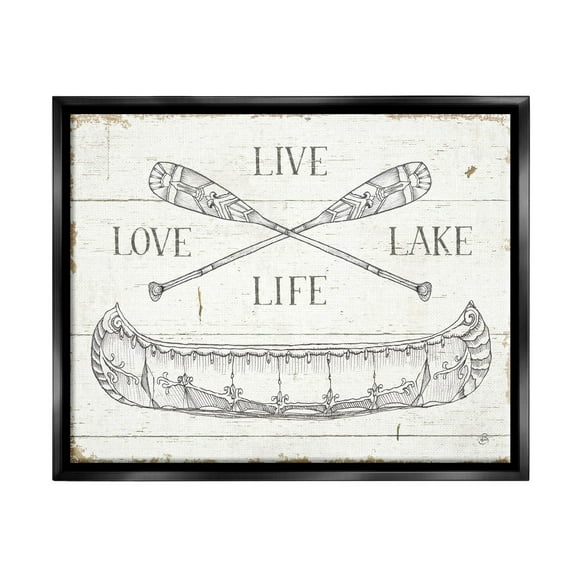 Stupell Industries Live Love Lake Rustic Canoe Oars Graphic Art Jet Black Floating Framed Canvas Print Wall Art, Design by Daphne Brissonnet
