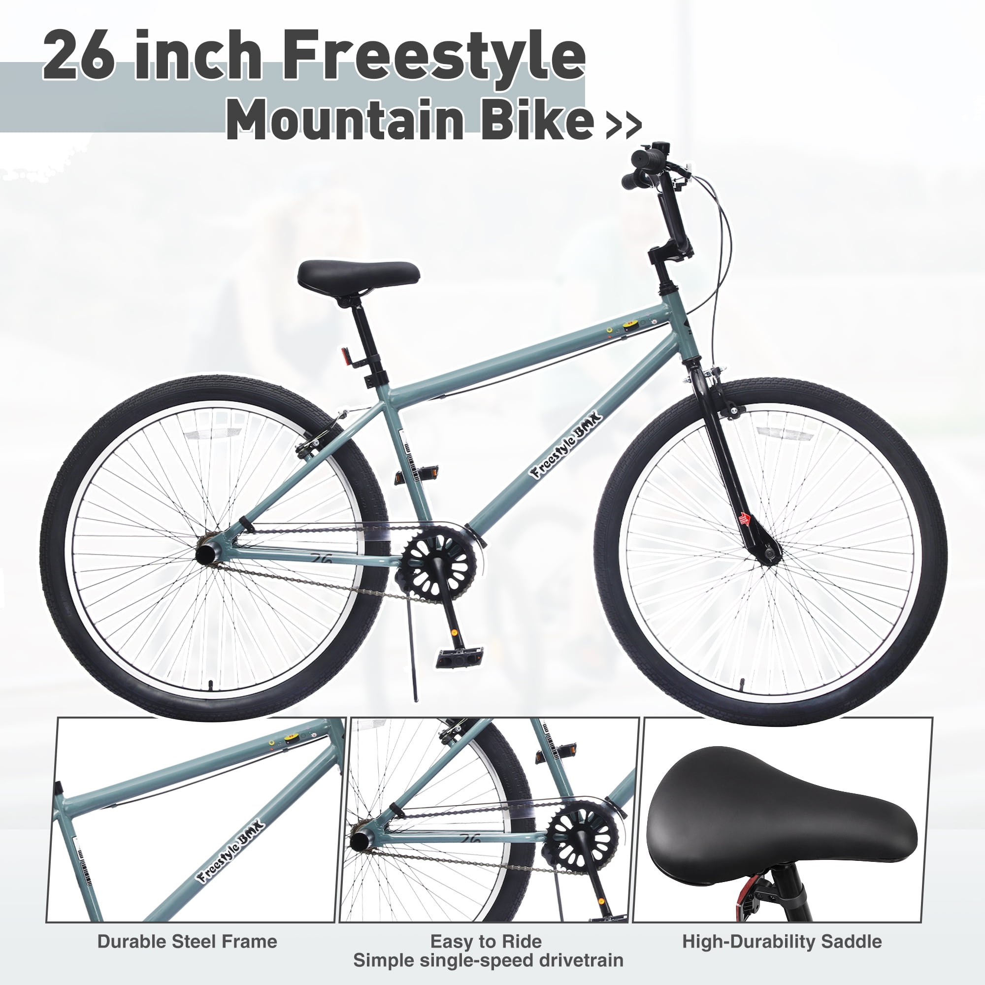 Juuar 26" Freestyle Mountain Bike with 2 Pegs, Single Speed Steel Frame BMX Bike, Comfort City Bike Bicycle with Caliper Brake & V Brake, Unisex, Fits Riders 5'4"-6'2", Blue