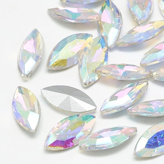 50 pc Pointed Back Glass Rhinestone Cabochons Back Plated Faceted Horse Eye AB 26.5x13x7mm