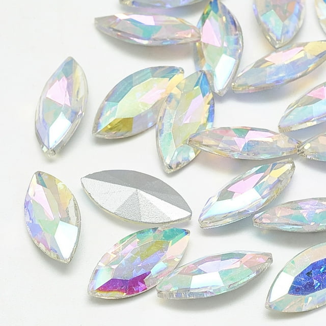 Pointed Back Glass Rhinestone Cabochons Back Plated Faceted Horse Eye Crystal AB 15x7x4mm