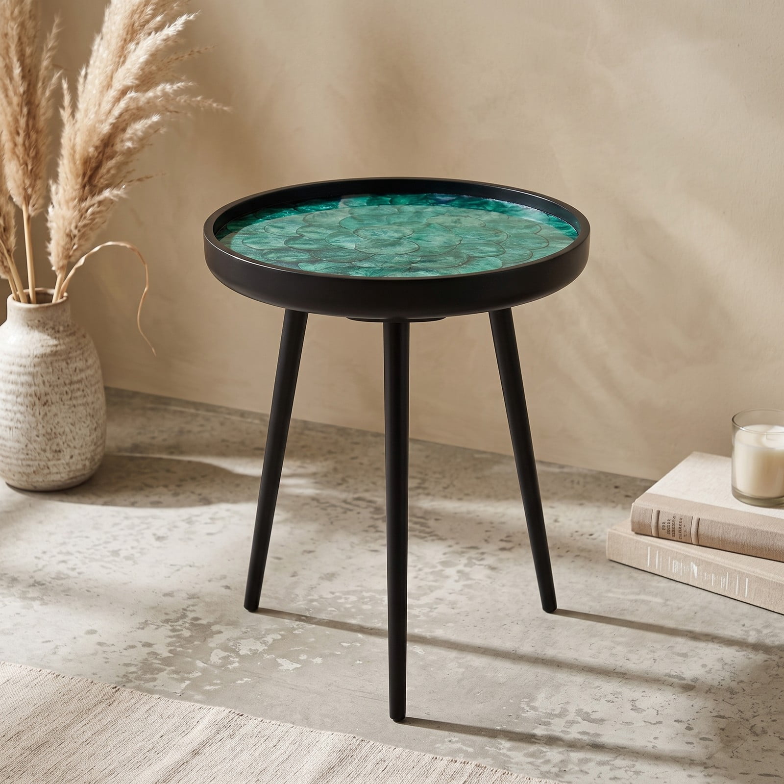 Furnibear 16 Inch Mid-Century Modern End Table, Handmade Sea Shell Accent Side Table with Epoxy Resin Waterproof Tray Top and Mahogany Wood Legs for Living Room, Green