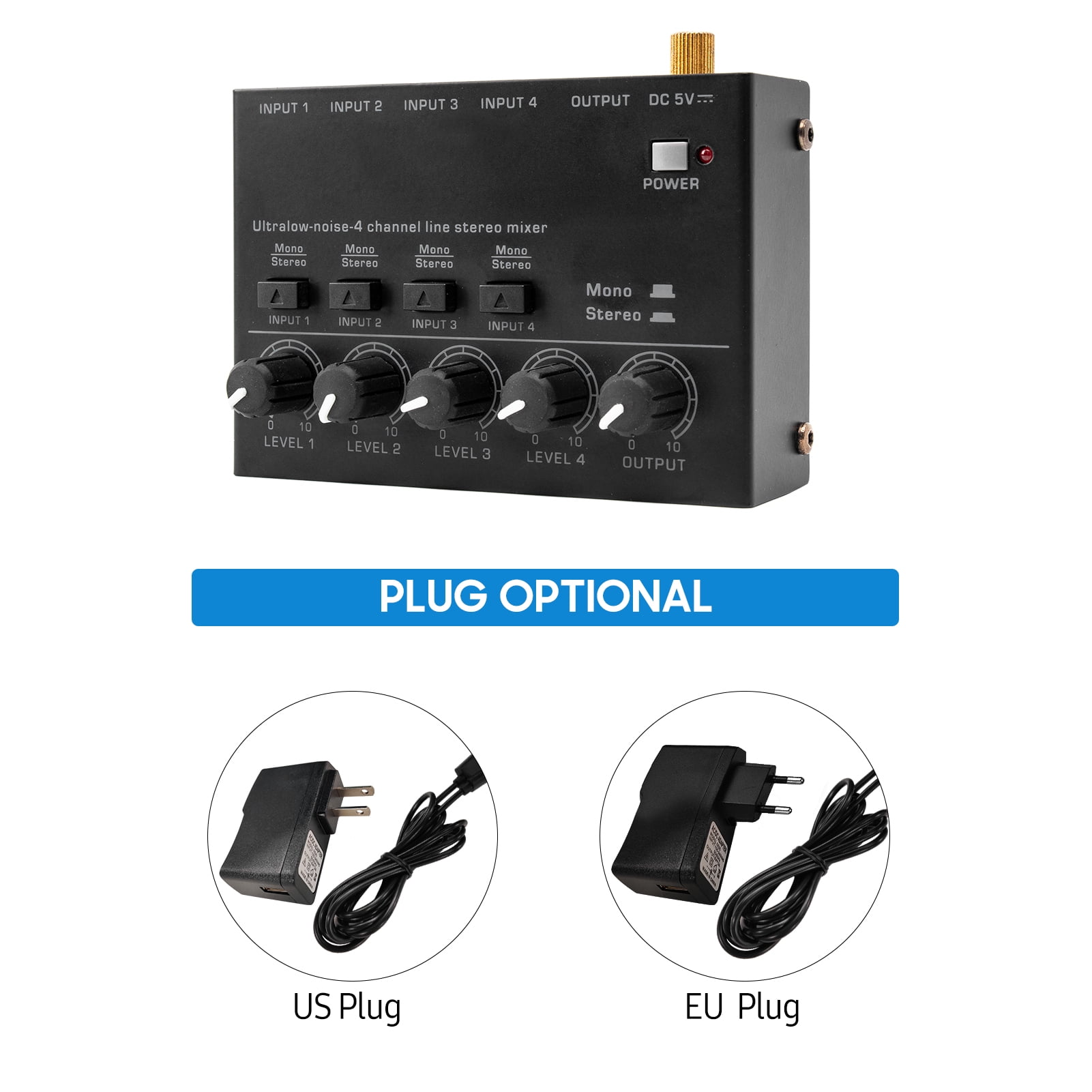 Ultra Low Noise 4 Channel Line Stereo Mixer Input 1 Output DC 5V Portable Mini Audio Microphone Guitar Bass Keyboard Mixers for Club Bar Stage Studio