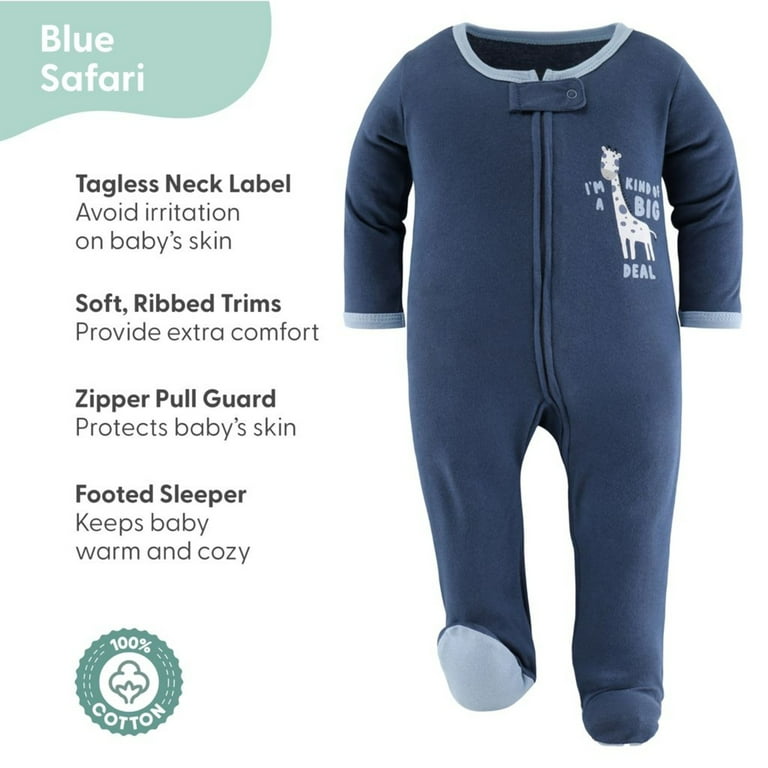 The Peanutshell Baby Footed Pajamas 3-Pack, Blue Safari, 0-3M photo 2