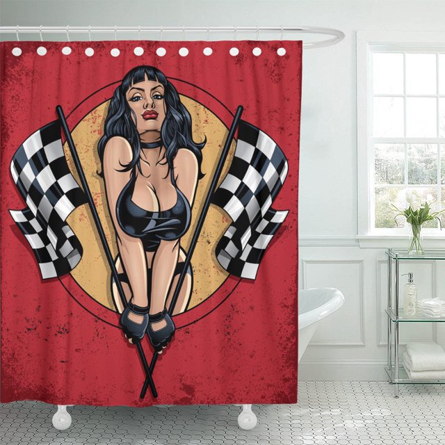ABPHQTO Cortina de ducha de poliéster Racing Pinup con banderas a cuadros de niña 152x180 cm ABPHQTO PKNMT60x72Shower-1014