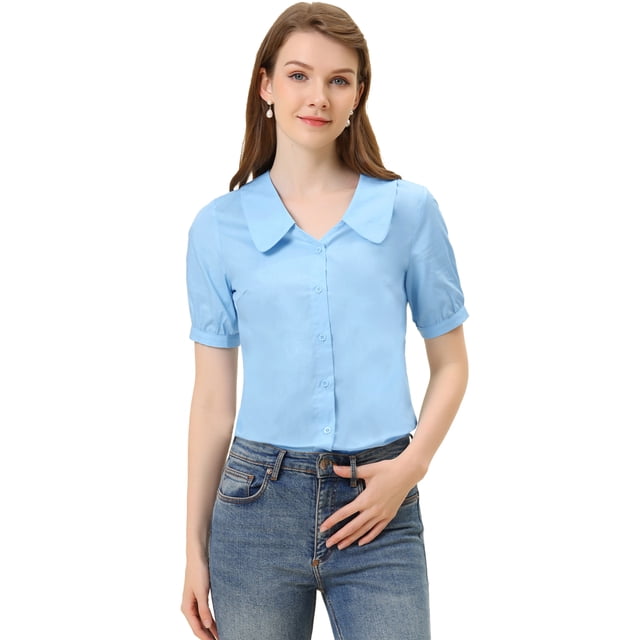 INSPIRE CHIC Blusa De Trabajo Informal De Algodón Peter Pan Para Mujer Azul claro M