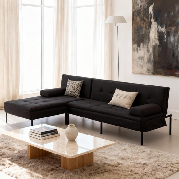 BSHTI 78.7" Convertible L-Shaped Sectional Sofa Bed, Reversible Chaise, 5-Position Adjustable Back, Futon Sleeper for Small Spaces, Living Room & Apartment(Black)