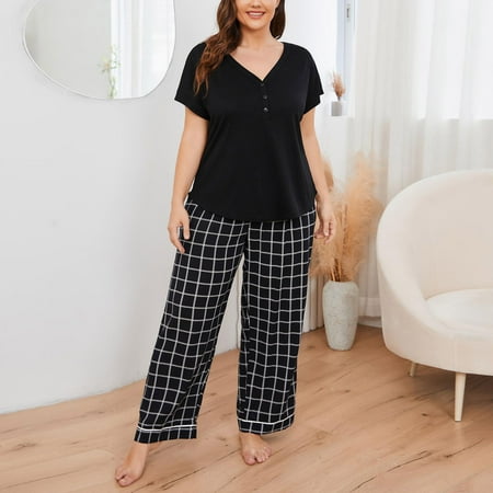

Vedolay Womens Casual Short Sleeve Shirt and Long Pant Pajama Set Black XXL